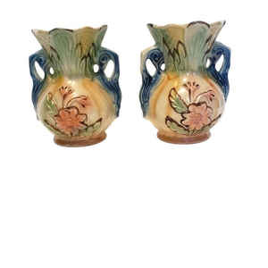 Lusterware Set of 2  iridescent 5 Inch  ceramic vase w/ 2 Vintage Made in Brazil